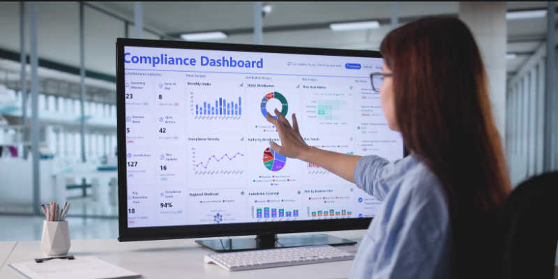 Education administrator reviewing a compliance dashboard to monitor special education data and risk indicators.